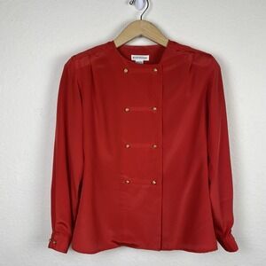Vtg Martinique Sz 6 Red Blouse Double Breasted Band Gold Button Military Preppy